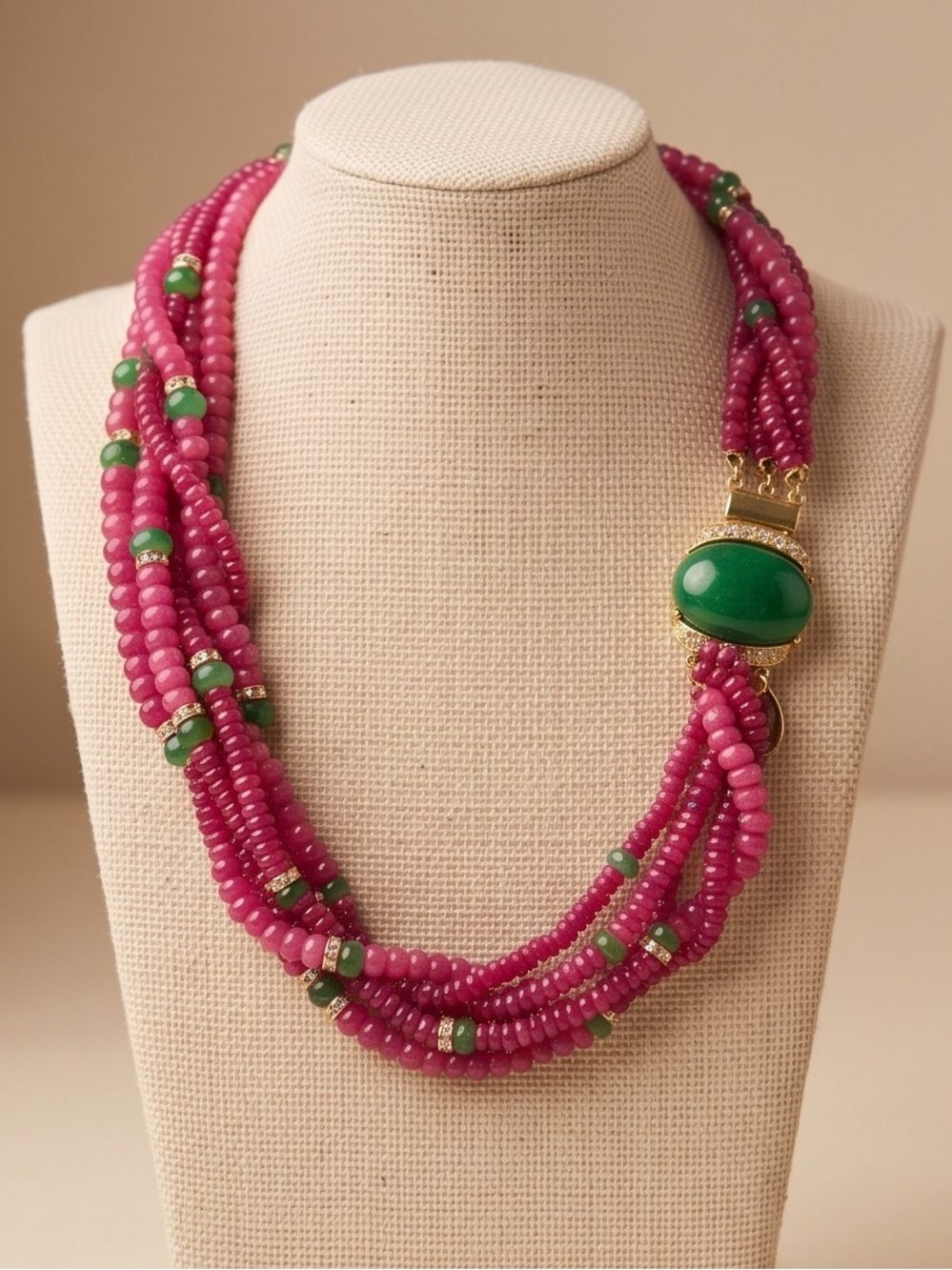 Cherish Pink and Green Jade Multi-Strand Beaded Necklace